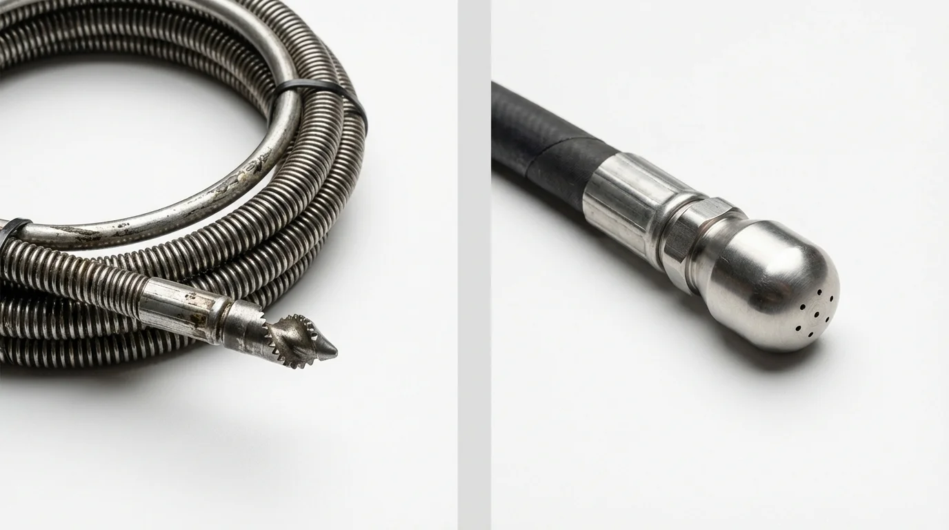 Drain snake cable and hydro jetting nozzle used for drain cleaning in Holbrook, NY