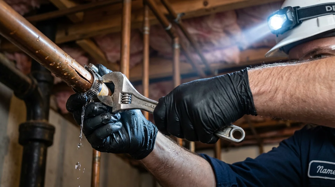 Emergency pipe clamp repair being performed by a Johns Plumbing LLC plumber in Holbrook