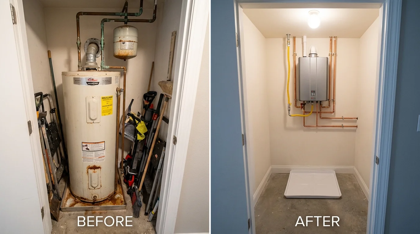 Tank water heater versus wall-mounted tankless unit comparison for Holbrook, NY homeowners