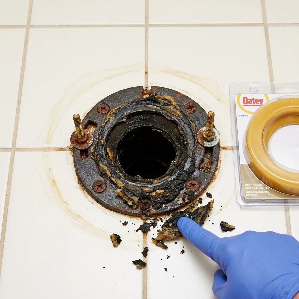 Failed wax ring showing water seepage at the base of a toilet in a Holbrook, NY home
