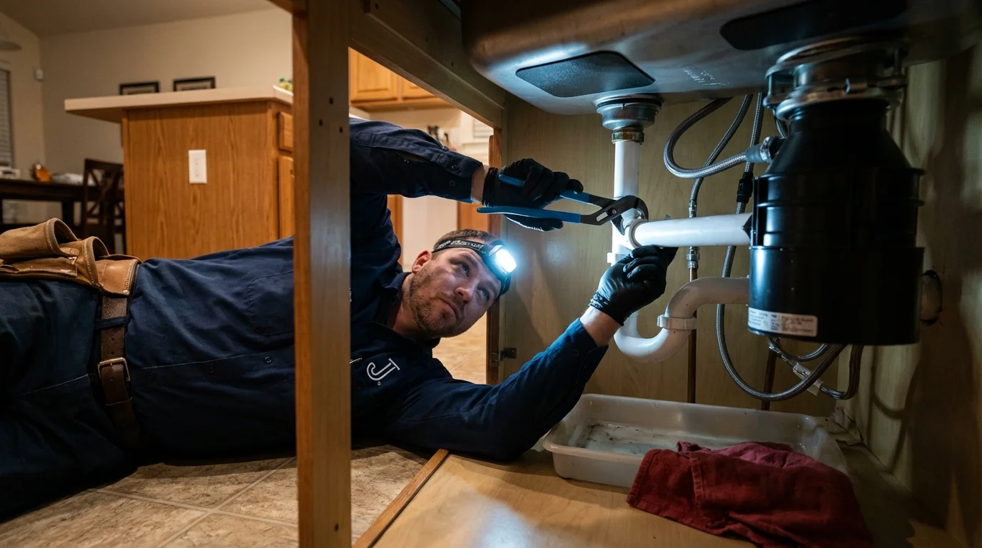 P-trap and supply line connections under a kitchen sink showing a common leak point in Holbrook, NY